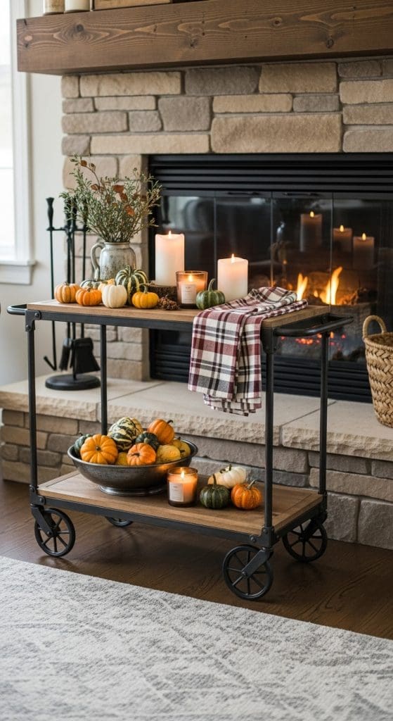 roller cart in front on fireplace with fall decor