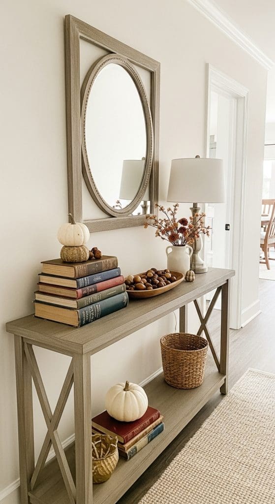 decorative books on console table with mini white pumpkins