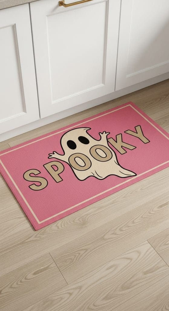 mat on kitchen floor with a ghost on it