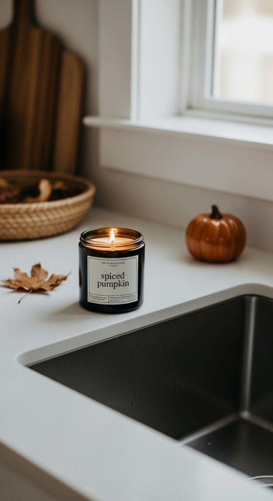 spiced pumpkin candle on kitchen counter