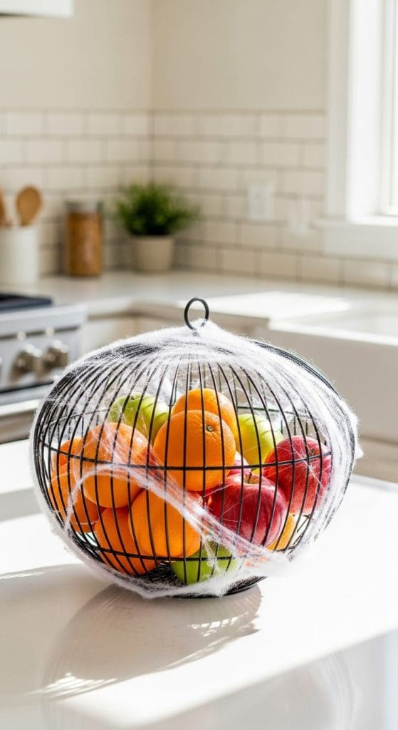fruit bowl in the kitchen with faux spider web on it halloween kitchen decor