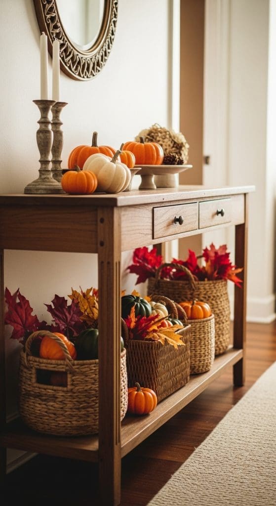 rattan baskets on bottom shelf of console table Fall Entry Table Decor