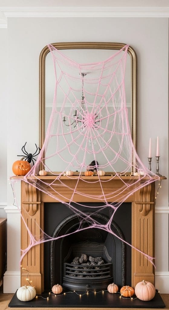 faux large spider web over gold mirror above fireplace