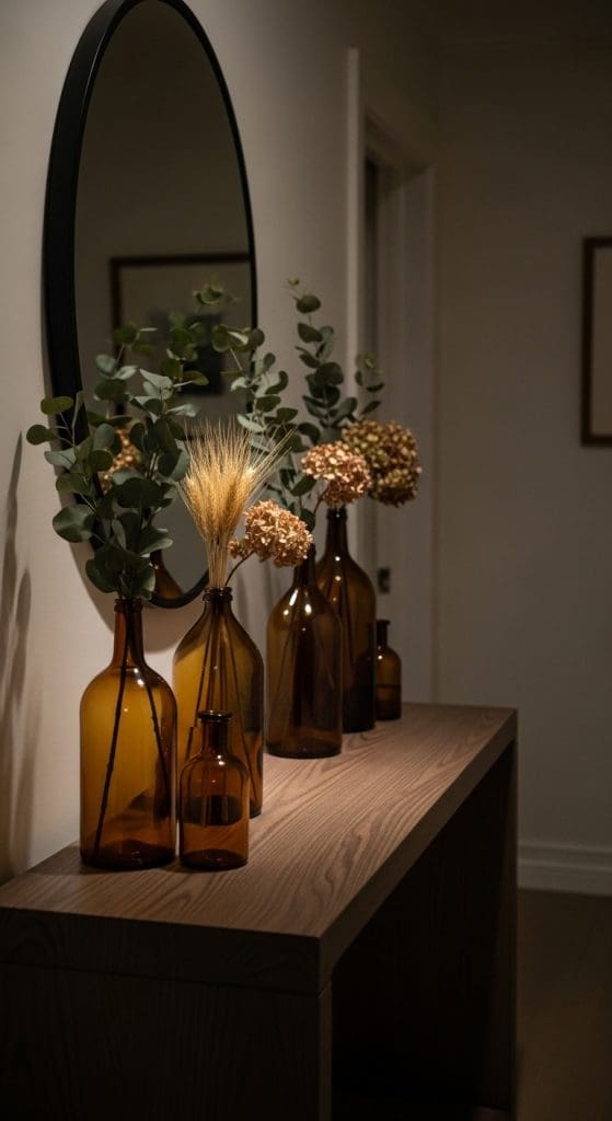 amber vases with dried florals and wheat stems