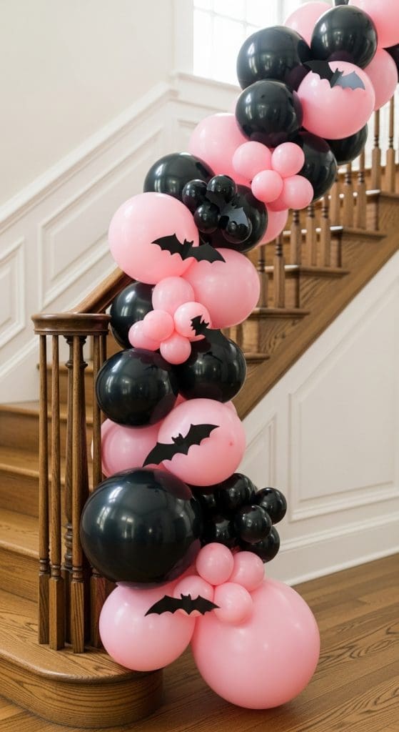 balloon garland for halloween on staircase
