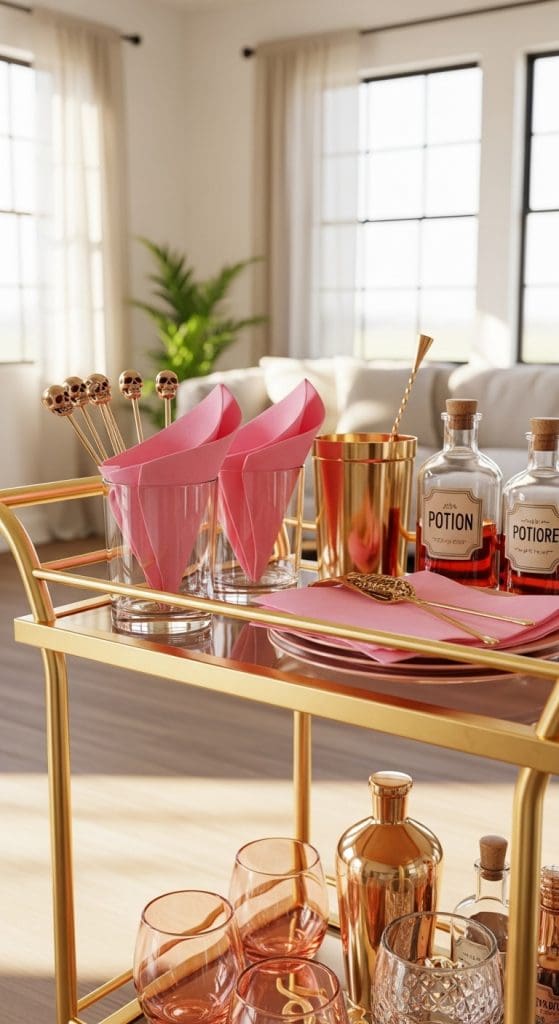Pink and gold halloween themed bar cart Pink Halloween Decor