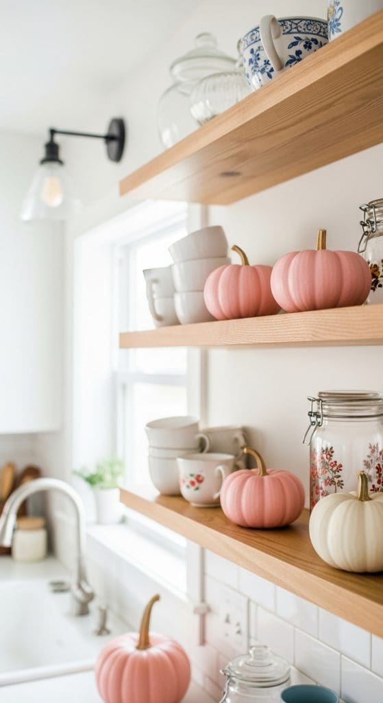 small pink pumpkins on open shelves in the kitchen