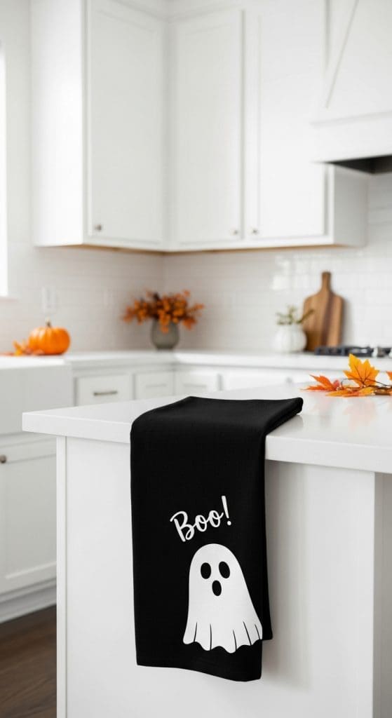 Black tea towel with a white ghost on it and the words "BOO"