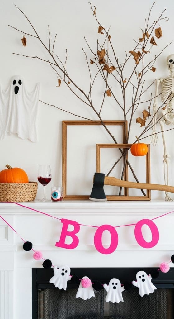 pink BOO banner over fireplace