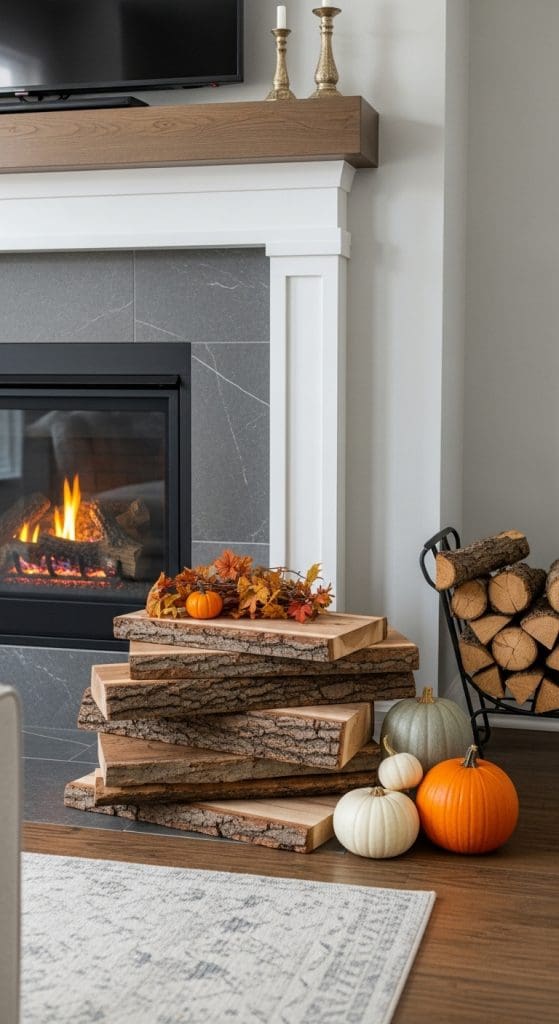 stacked wood in front of fireplace with pumpkins and autumn decor