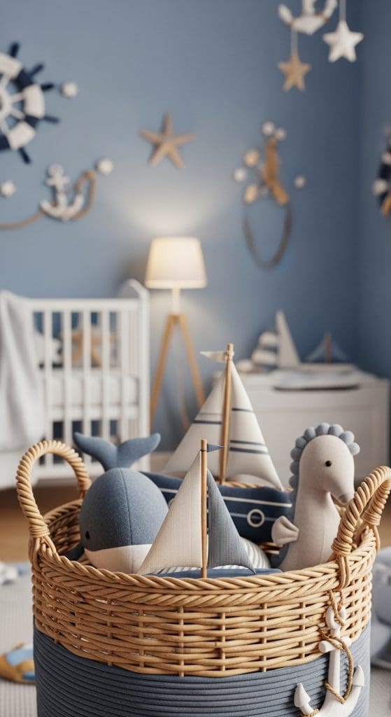 rattan basket holding cute nautical themed toys