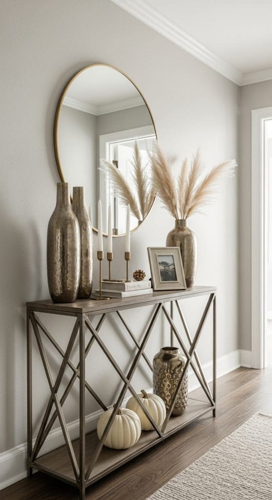 modern monochrome silver console table with white pumpkins