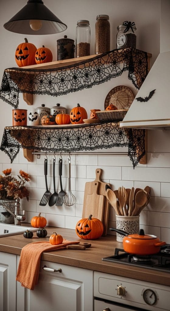 Black spider web lace on rustic wooden kitchen shelves