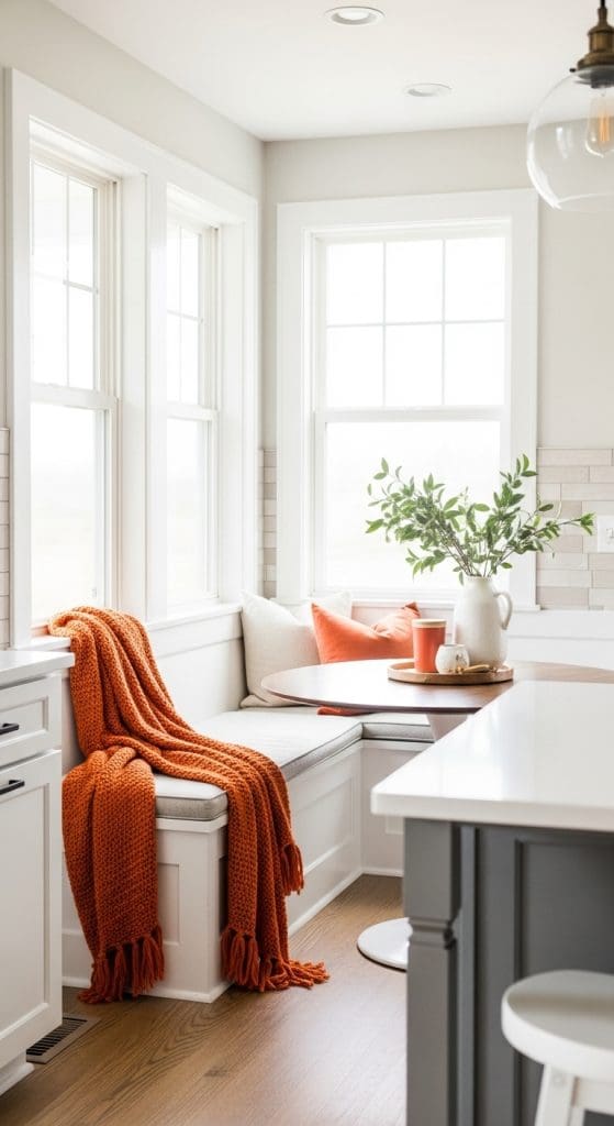 cozy breakfast nook in kitchen with orange knit throw
