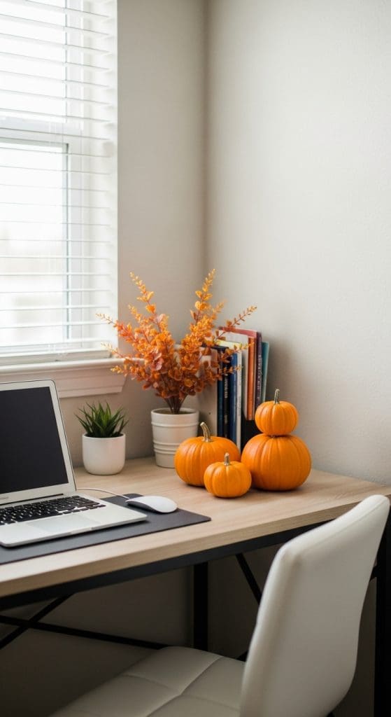 mini pumpkins stacked on a desk