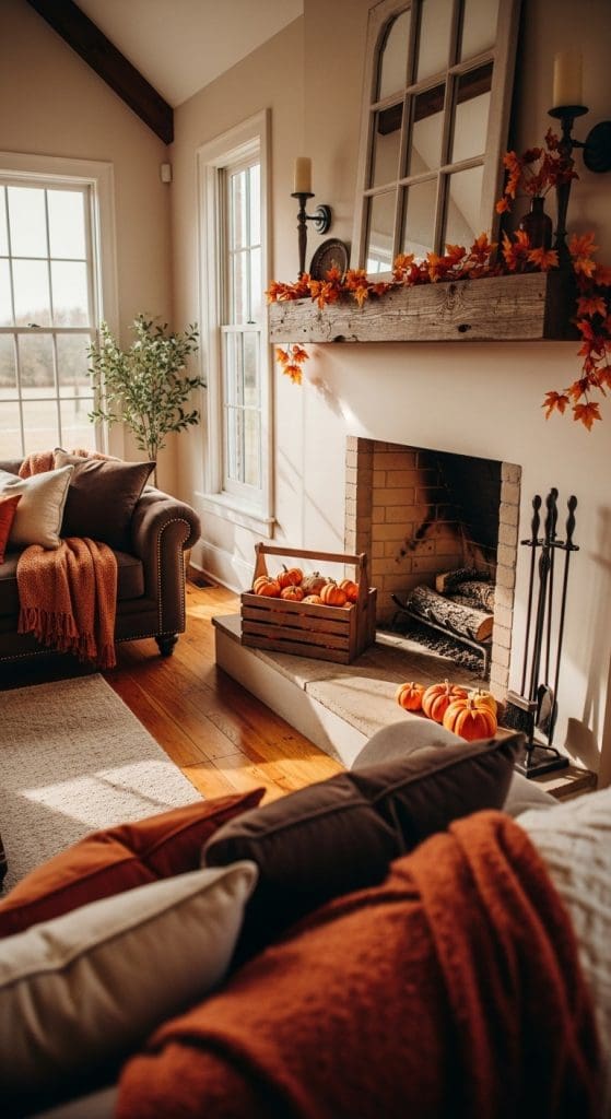 crate with mini pumpkins in front of fireplace