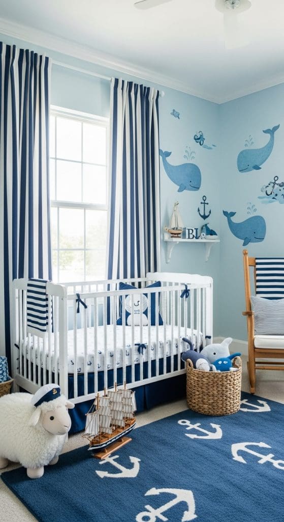 navy and white striped curtains hanging on window of a nautical nursery