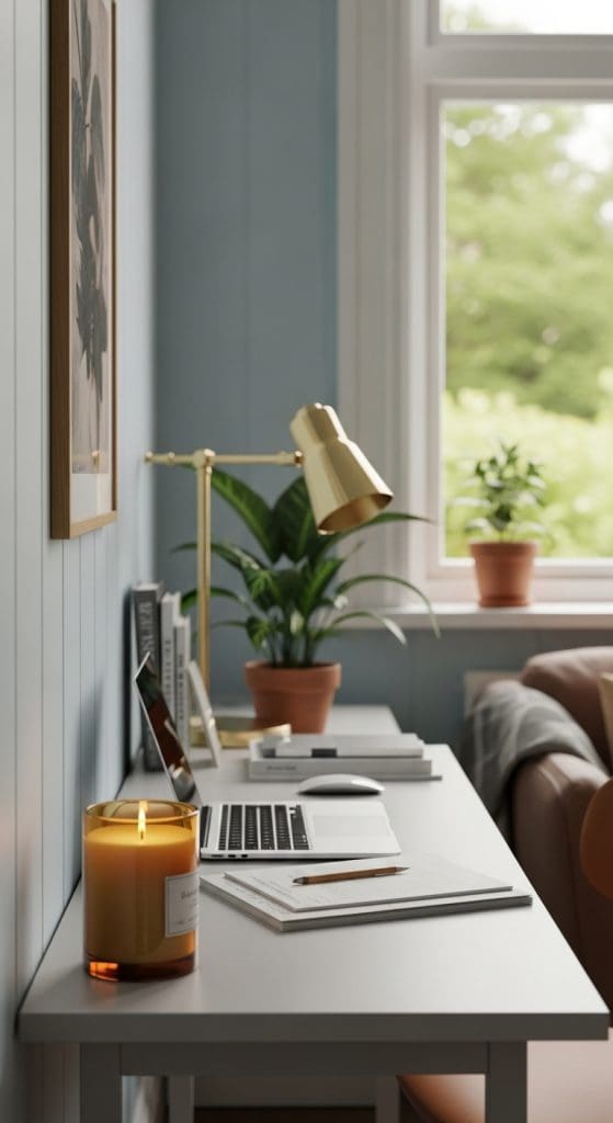 autumn scented candle on a white home office desk