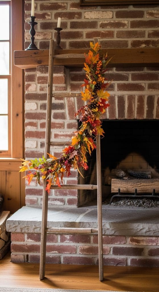ladder in front of fireplace with garland Fall Decor in Front of Fireplace