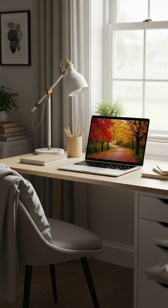 Laptop with an autumn screensaver Fall Desk Decor