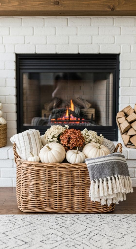 large wicker basket with pumpkin and blankets