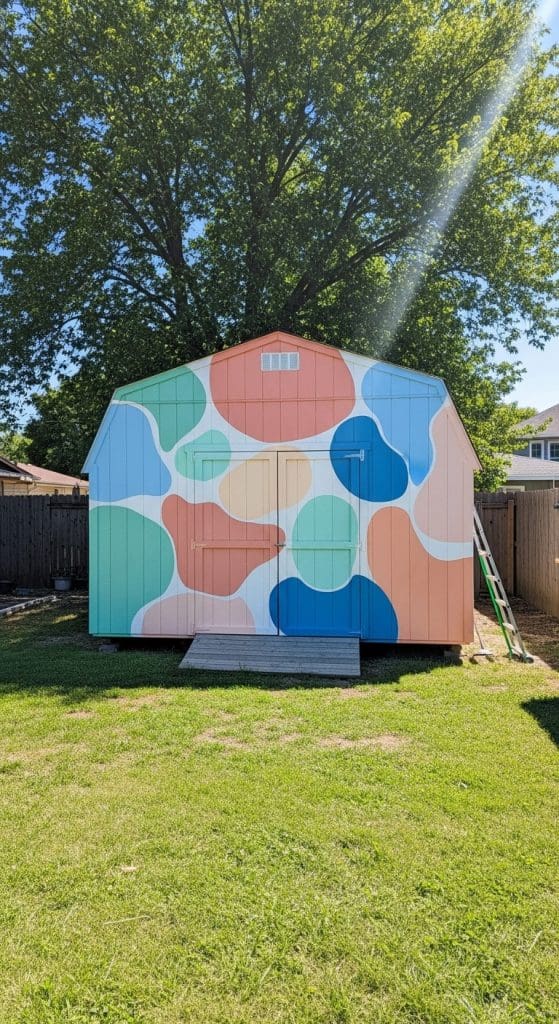 Blobs of pastel colors in shades of blue, green, pink and yellow outdoor shed mural