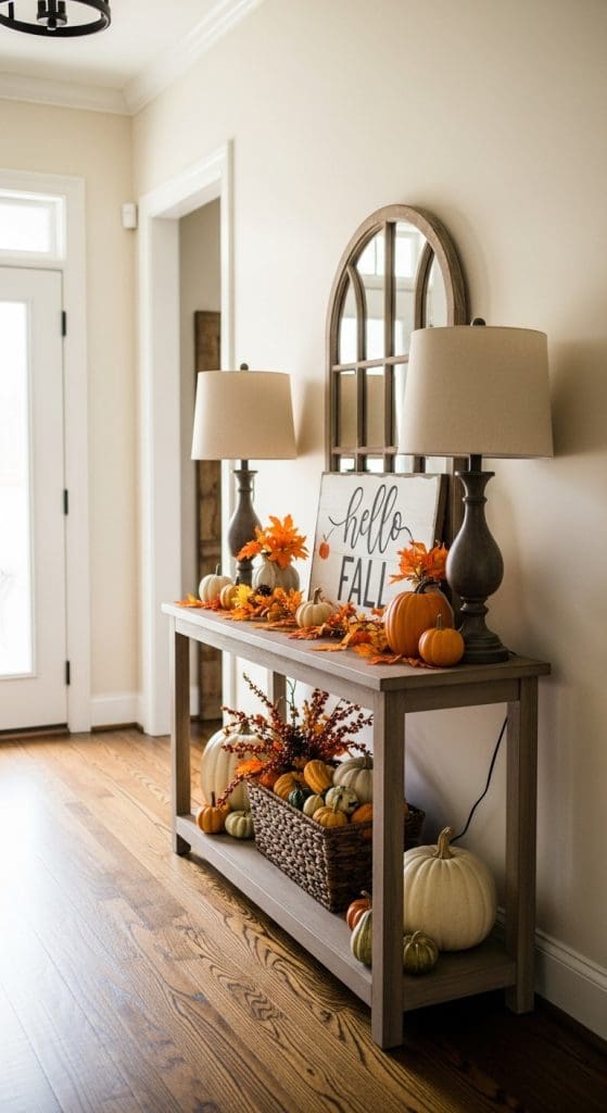 sign that says hello fall on wooden console table with lamps