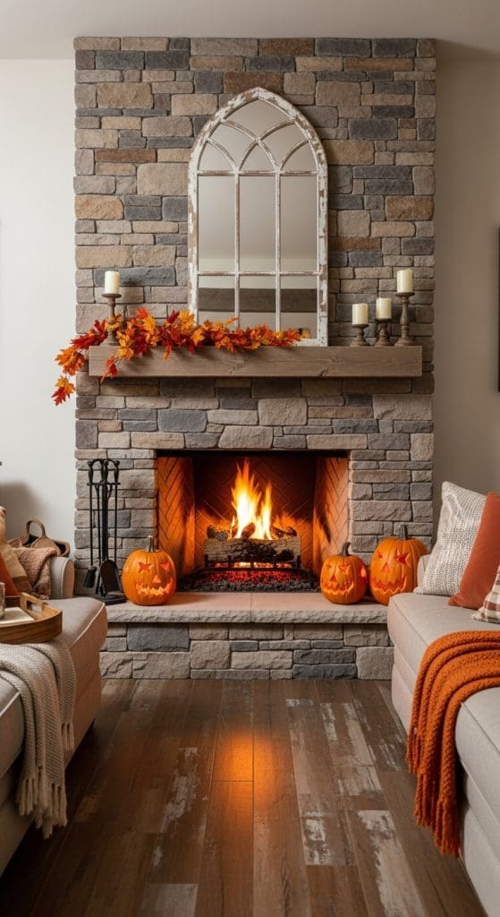 distressed white mirror on mantle above fireplace Fall Farmhouse Fireplace Decor