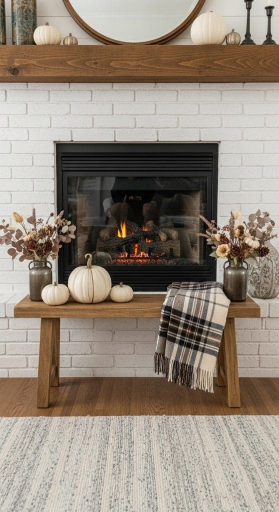 small wooden table with white pumpkins, blanket and dried flowers