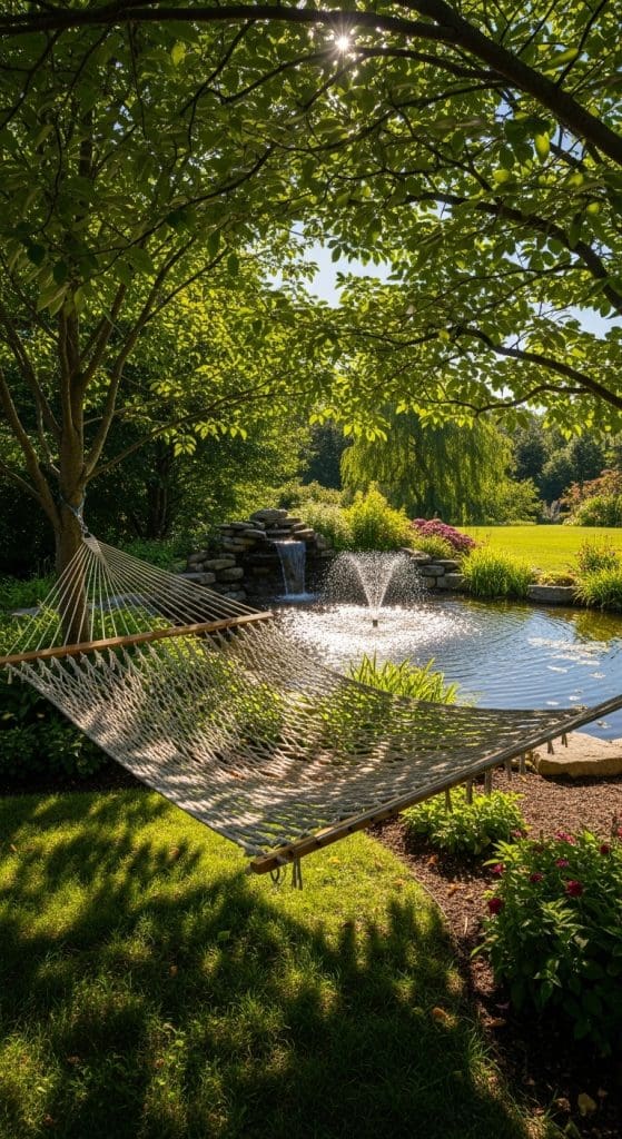 hammock next to a pond and fountain in a backyard