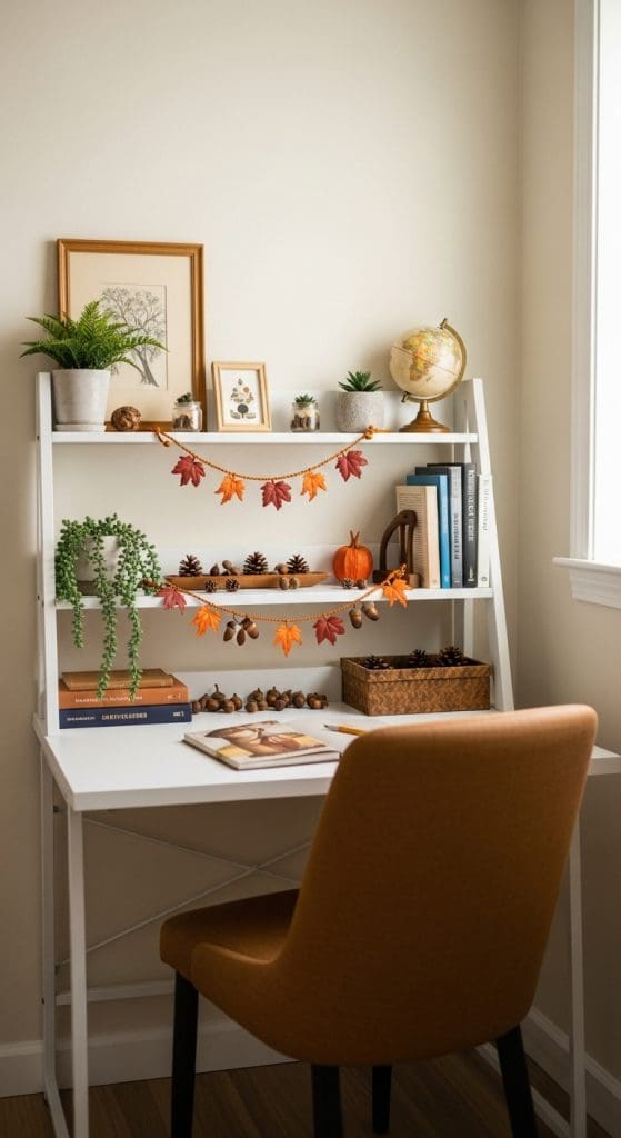 tiered white desk decorated with fall decor