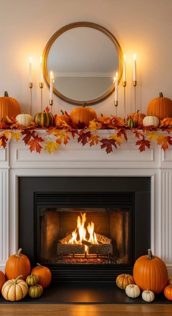 tall gold candle on mantle above fall fireplace