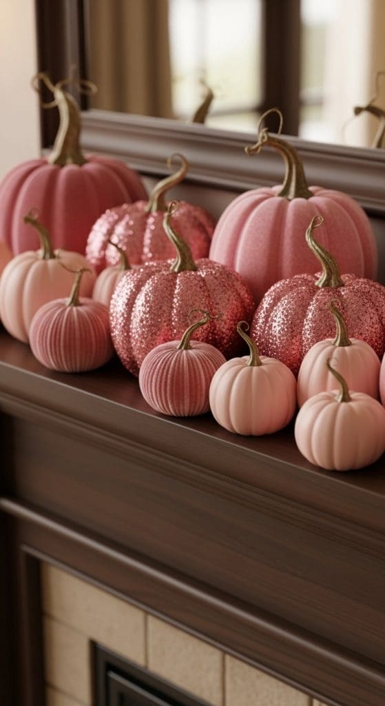 Glitter pink pumpkins on a mantle