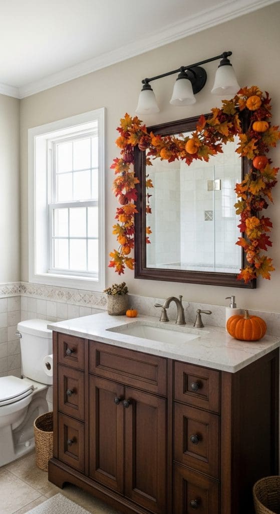 fall wreath around bathroom mirror Fall Bathroom Decor