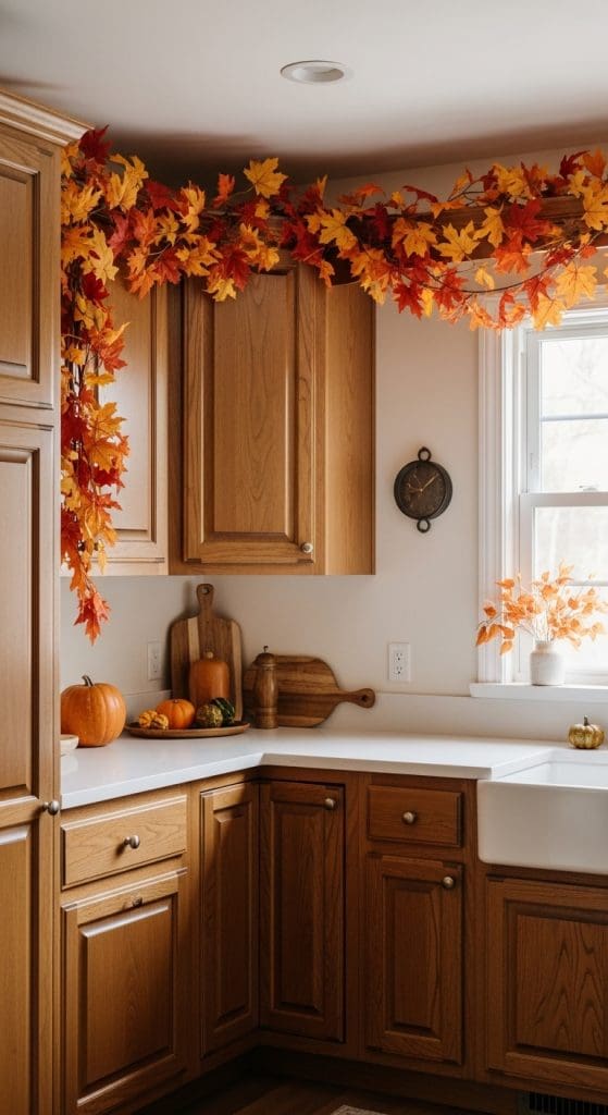 fall garland on top of kitchen counters