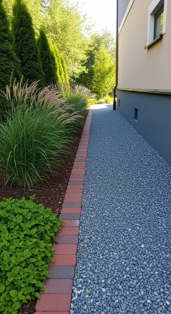 red brick lining gravel on a side pathway