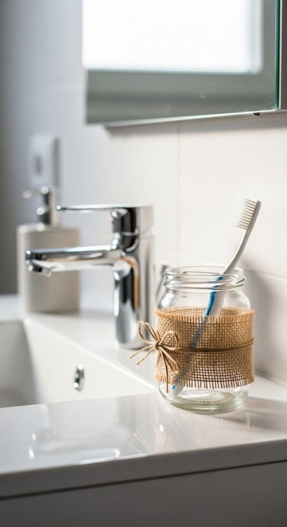 burlap on mason jar holding toothbrush