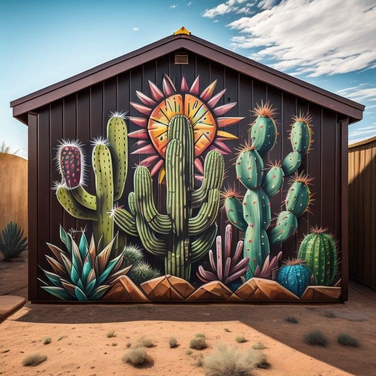 cactus in different sizes painted on the back of a brown shed