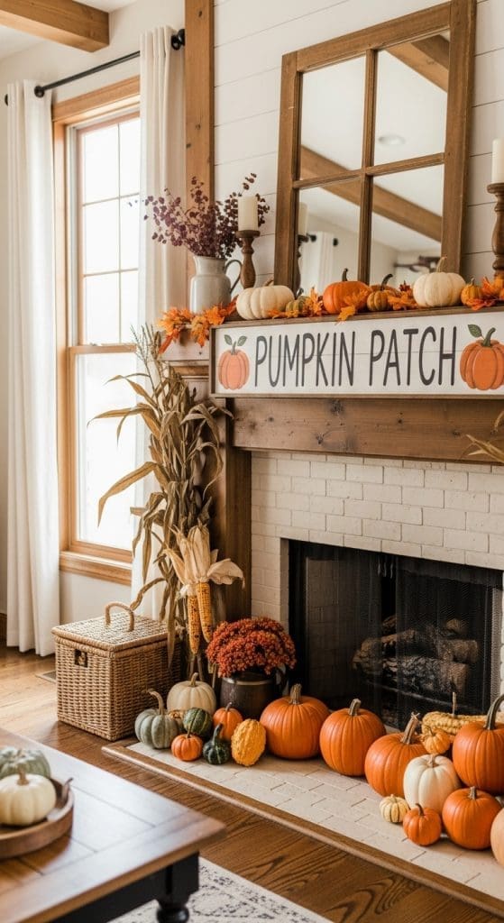 cute pumpkin patch fall decor on mantle