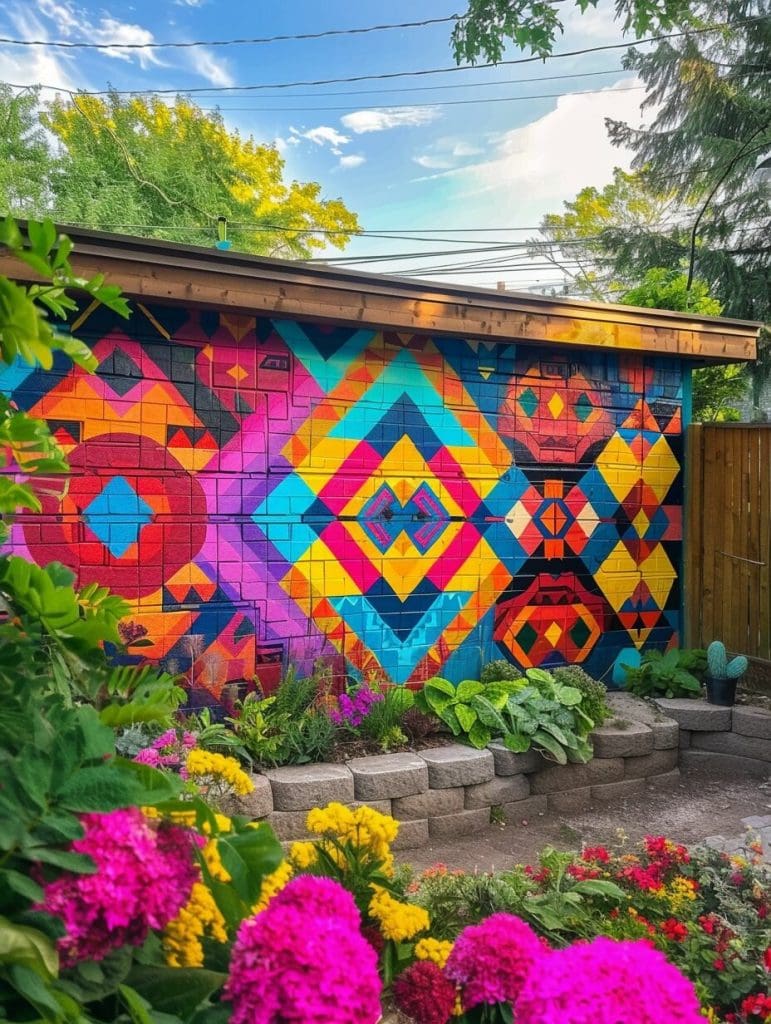 bold geometric shapes painted on the side of a garden shed