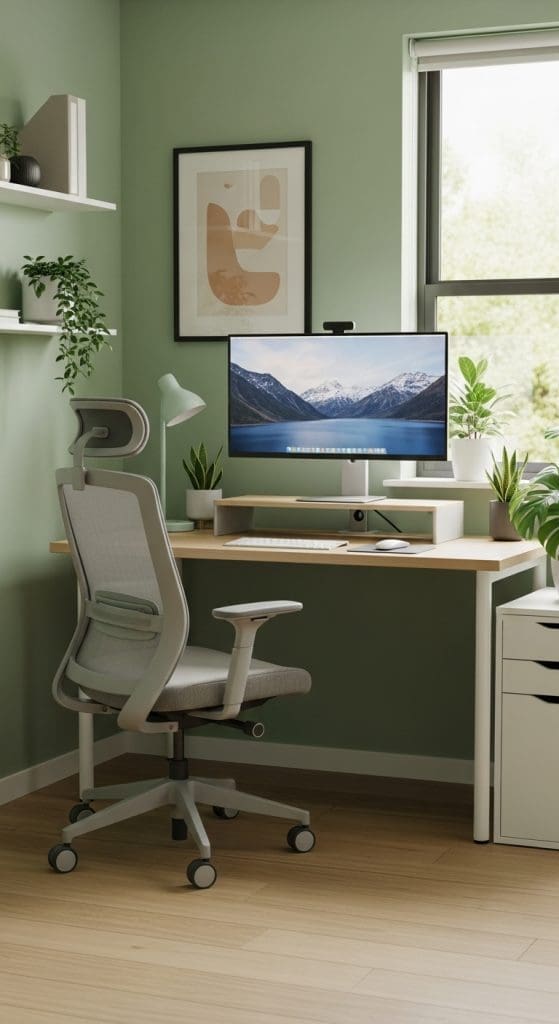 monitor riser the brings monitor up above small desk 