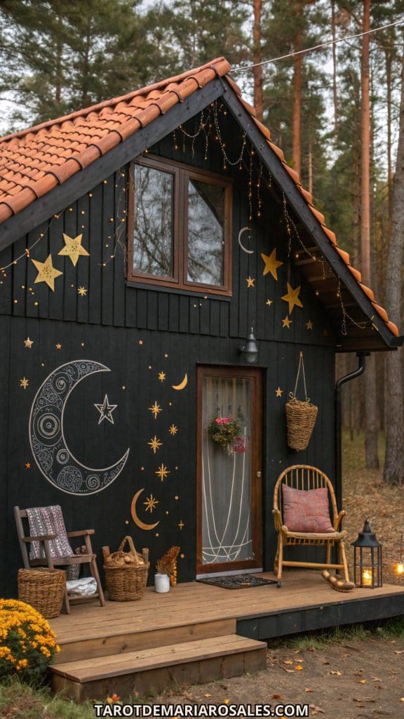black shed with gold moons and stars