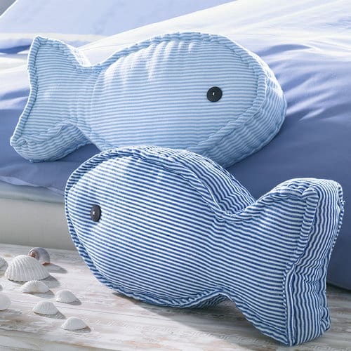 blue and white thin striped fish shaped pillows