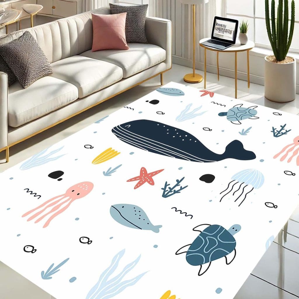 nautical themed white rug on floor