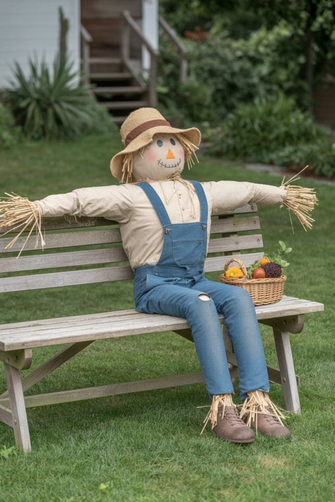 scarecrow sitting down on a bench