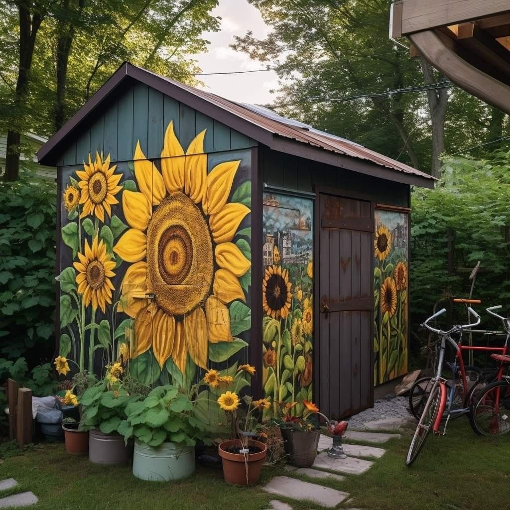 Large sunflower mural painted on the side of a shed