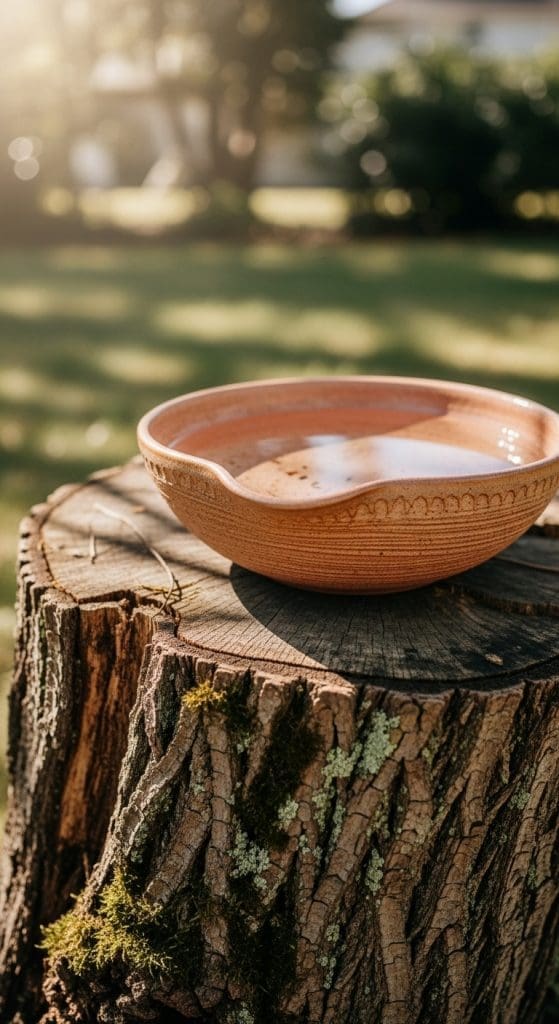 ceramic bird bath on top of tree stump 