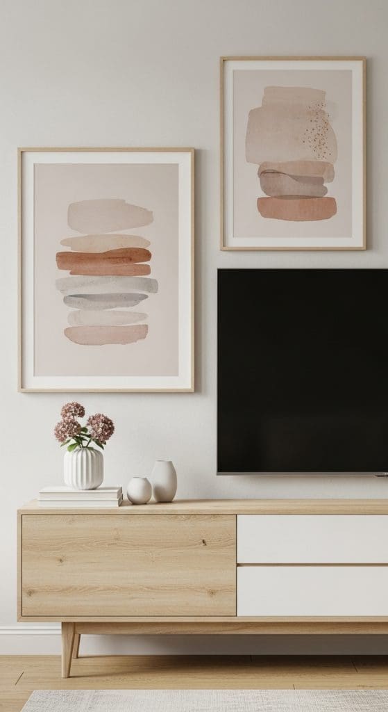 art prints in blush hanging on wall
