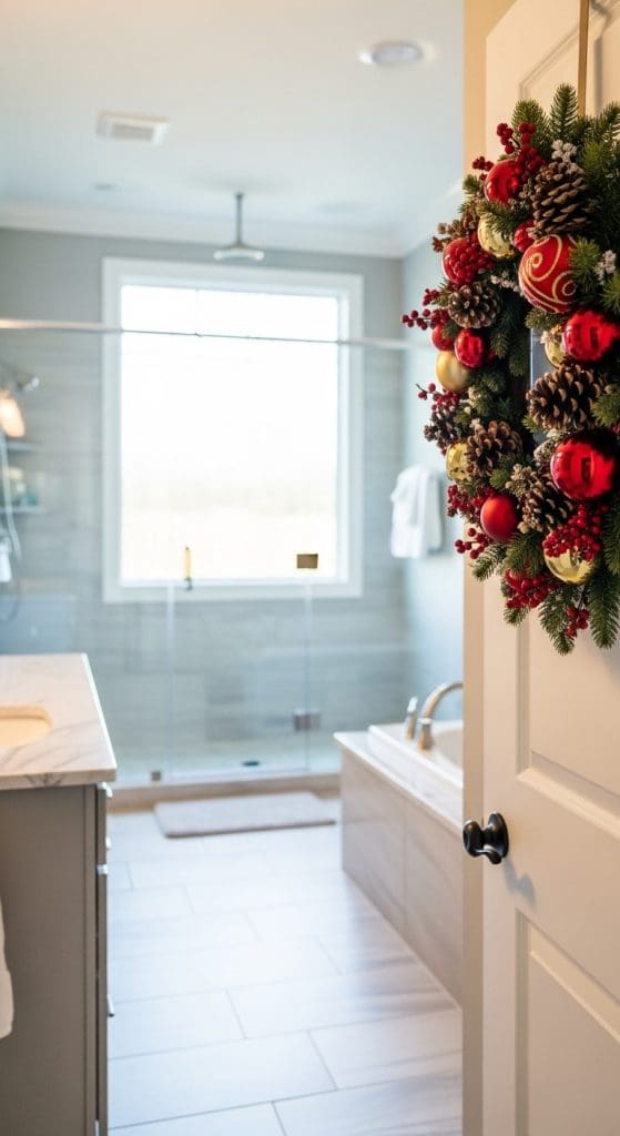 Christmas wreath on bathroom door