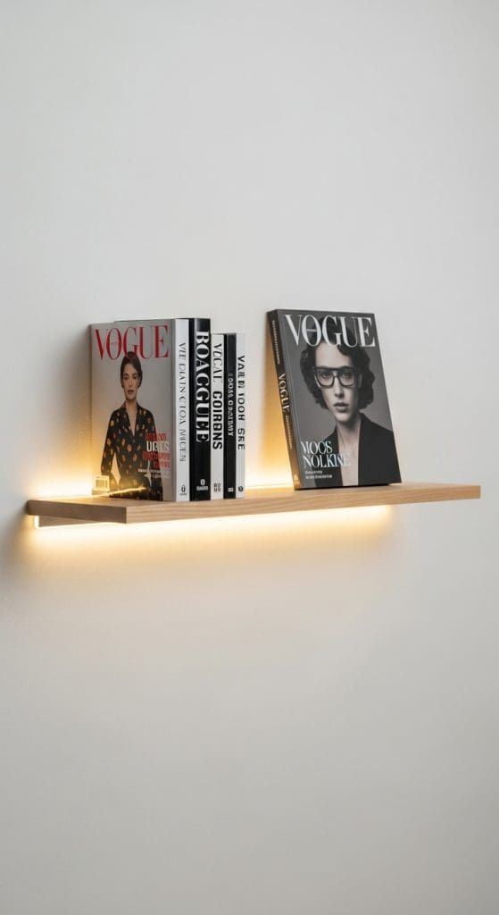 neon light under minimal bookshelf